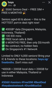 Heya SG60 senior deal – 6 months free for aged 60 and above